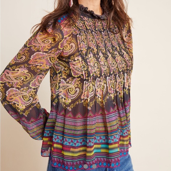 Anthropologie Tanvi Kedia Kyrie Pleated Blouse Ruffled High Neck Top Blouse XS - Picture 1 of 13
